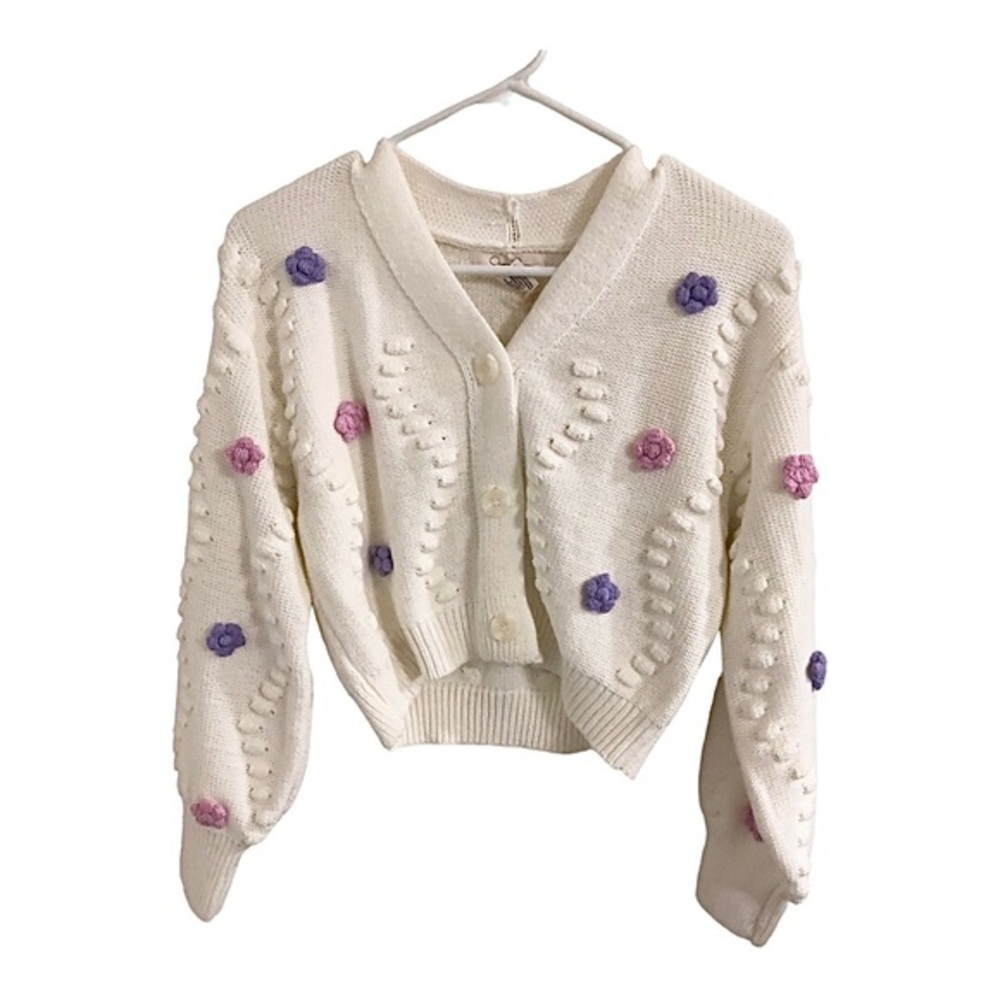 Jessica Simpson‎ cream embroidery applique cable knit cardigan sweater size M